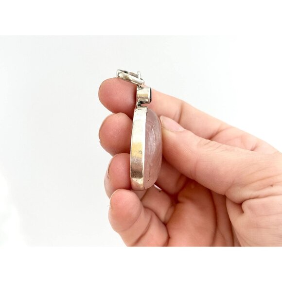 Rose Quartz Black Onyx Semi-Precious Gemstone Sterling Silver Vintage Pendant - Picture 5 of 10